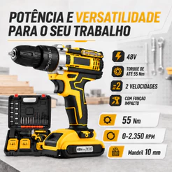 Parafusadeira Furadeira Sem Fio Bateria 48v com Baterias Com Maleta Completo