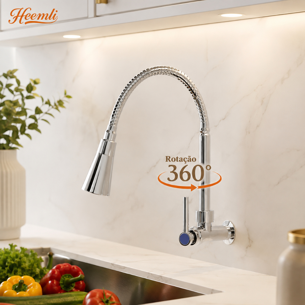 Torneira para Cozinha Heemli de Parede 2 Jatos Bica Flexível 360° Água Fria