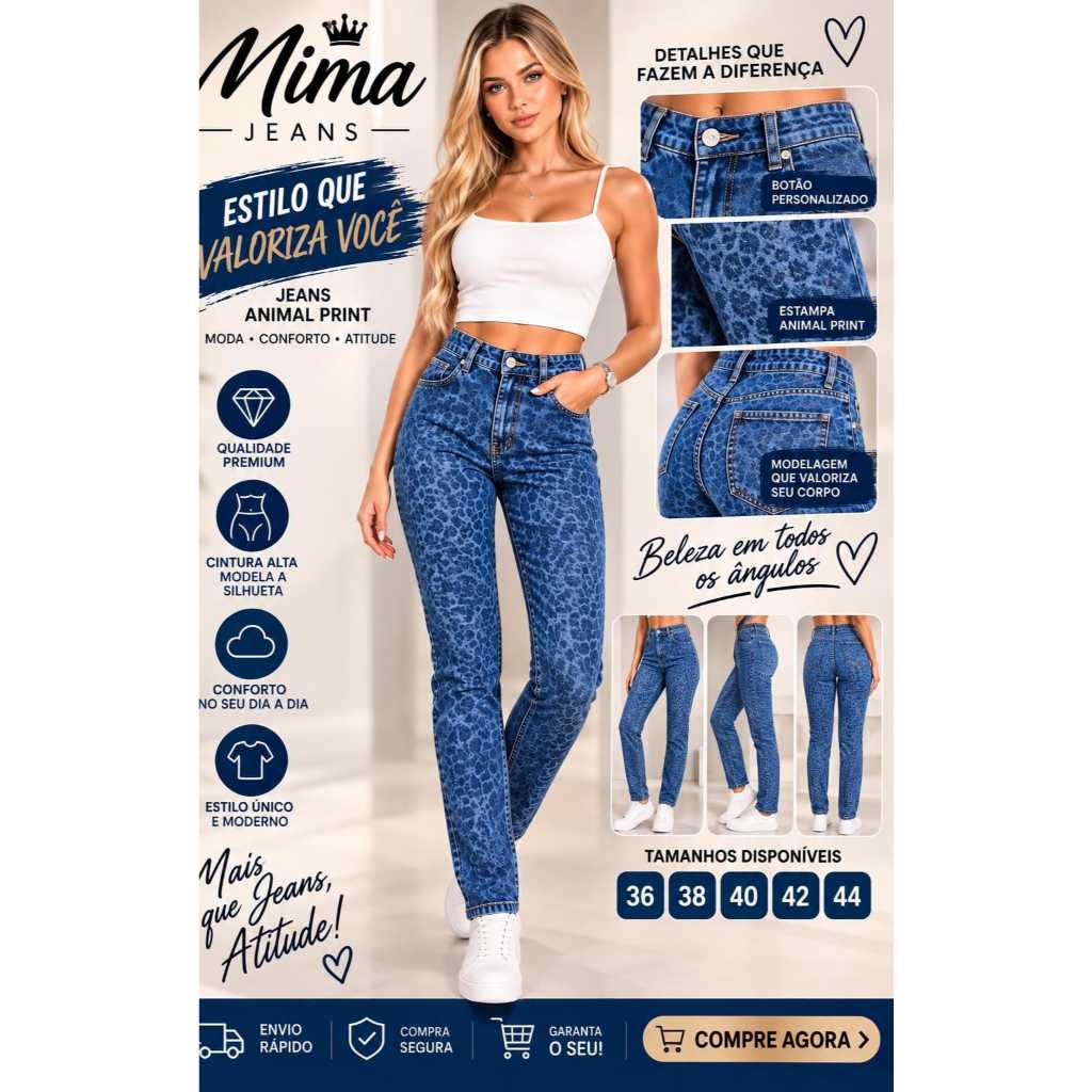 Calça Jeans Feminina Mima Jeans Cintura Alta Estampada Moda Casual Modelagem Reta