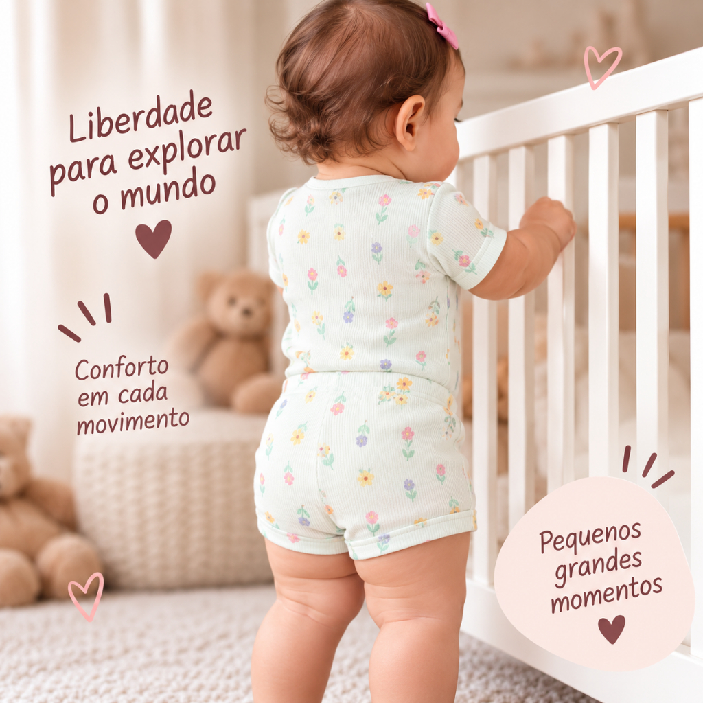 Conjunto Bebê Body e Short Canelado Estampado Flor Pastel Poliviscose