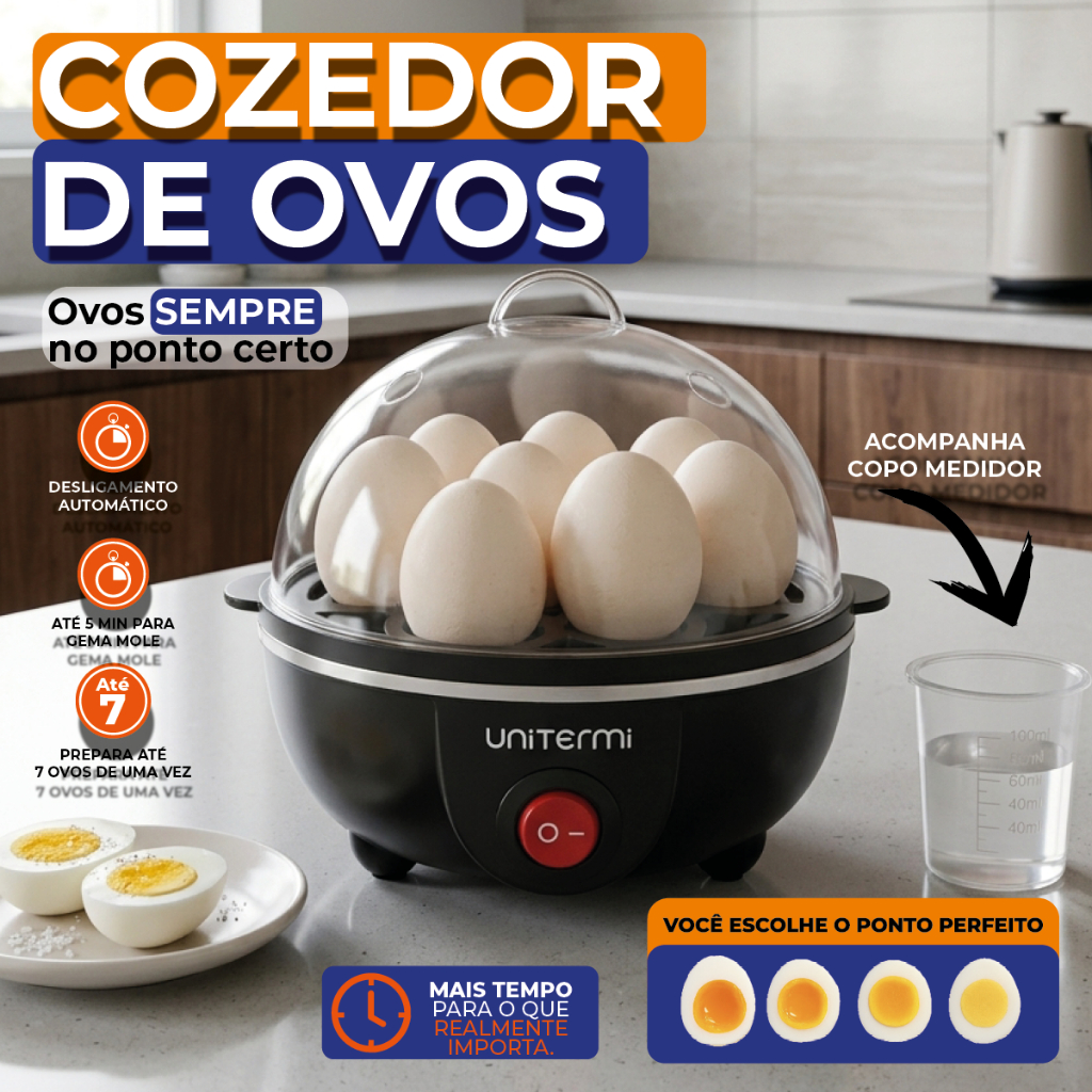 Cozedor de Ovos Elétrico Unitermi 110V - Cozimento a Vapor, Capacidade para 7 Ovos, Desligamento Automático Unitermi