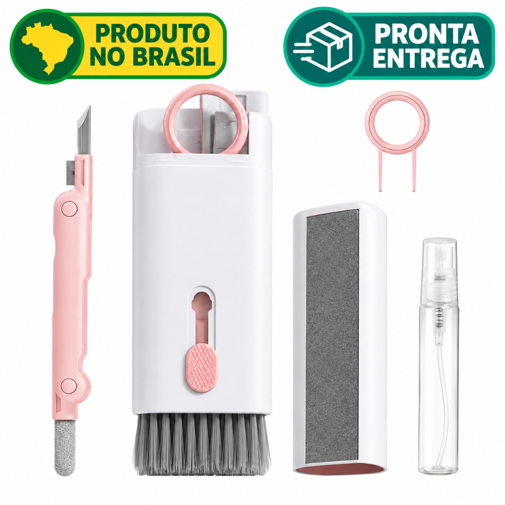 Kit Limpeza 7 em 1 Multiuso Teclado Celular Notebook Fone Tela Escova Spray Removedor Poeira Portátil