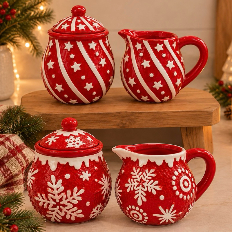 Kit 2 Pçs De Natal Açucareiro + Mini Leiteira De Porcelana Kit Natalino