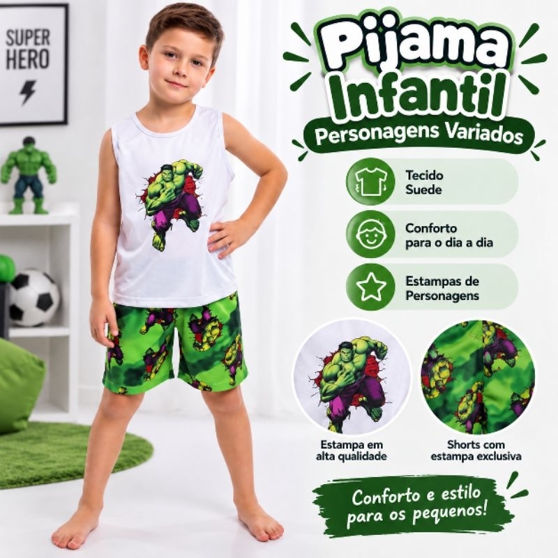 Pijama Infantil Regata Masculino Personagem Menino Suede Verão Conjunto para Dormir Confortável
