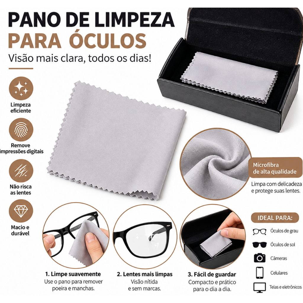 Pano de Microfibra para Limpeza de Óculos e Lentes – Flanela Limpa Lentes Anti-risco para Celular, Telas e Câmeras