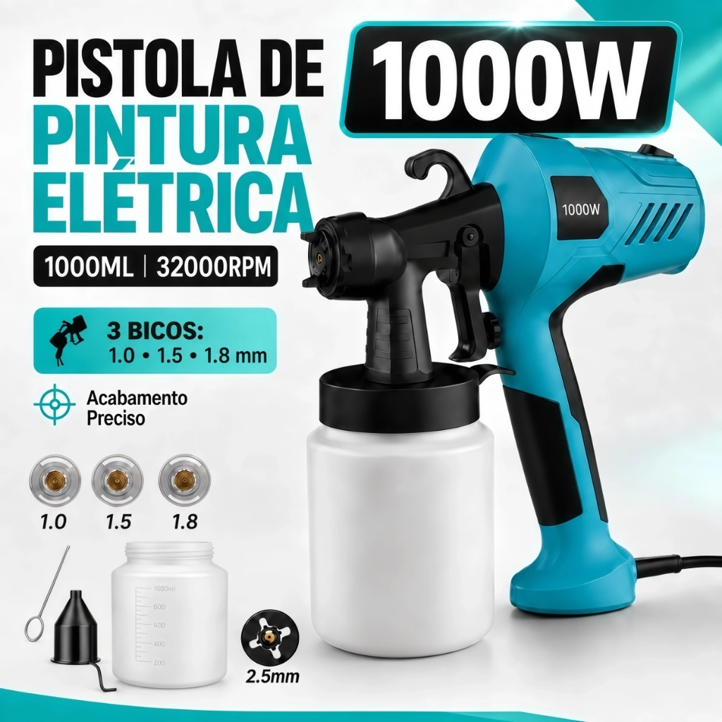 KINETX Pistola De Pintura Eletrica 1000W 1000ml Pulverizador Com 4 Bicos E Copo Dosador
