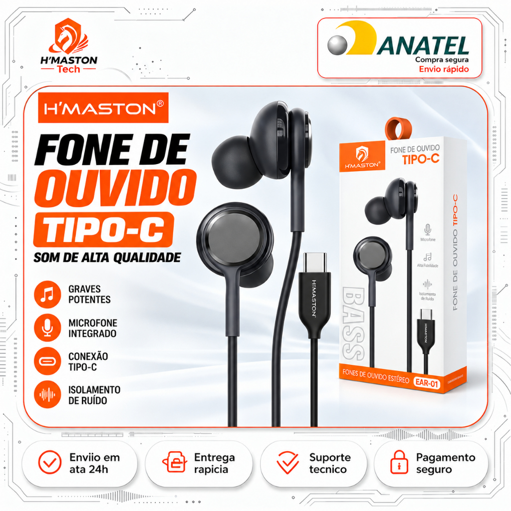 H'MASTON EAR-01 Fone De Ouvido Com Fio Tipo C Fone Com Fio Fone Tipo C Fone De Fio Tipo C Fone De Ouvido Tipo C