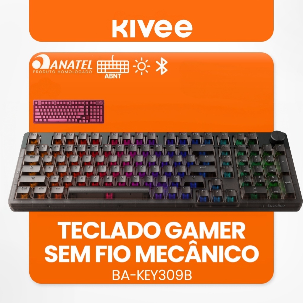 Kivee X Basike Teclado Mecânico Gamer Triplo Modo RGB ANBT2 Bluetooth 2.4G Fio Bateria 4000mAh 101 Teclas
