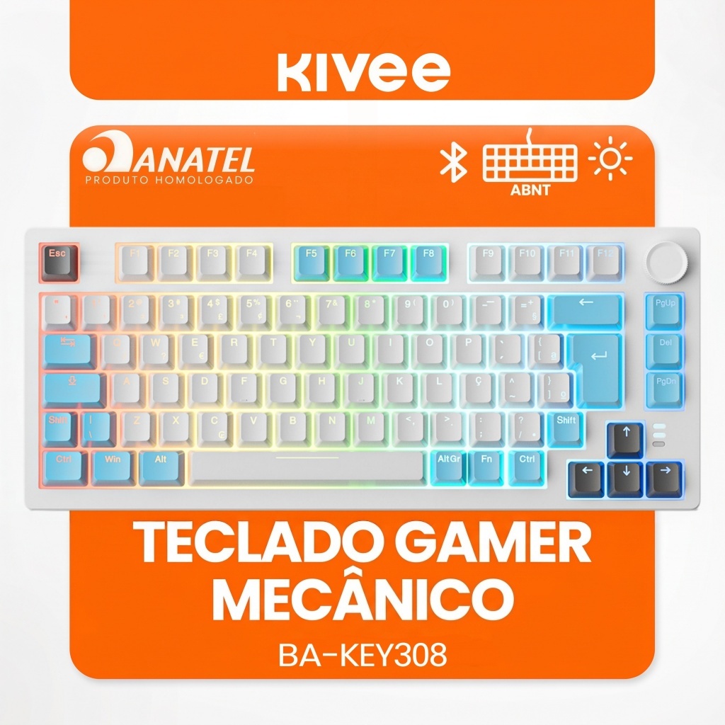 Kivee X Basike Teclado Mecânico Gamer Triplo Modo ABNT2 KEY308 RGB 82 Teclas Bluetooth 2.4G e Fio Bateria 4000mAh