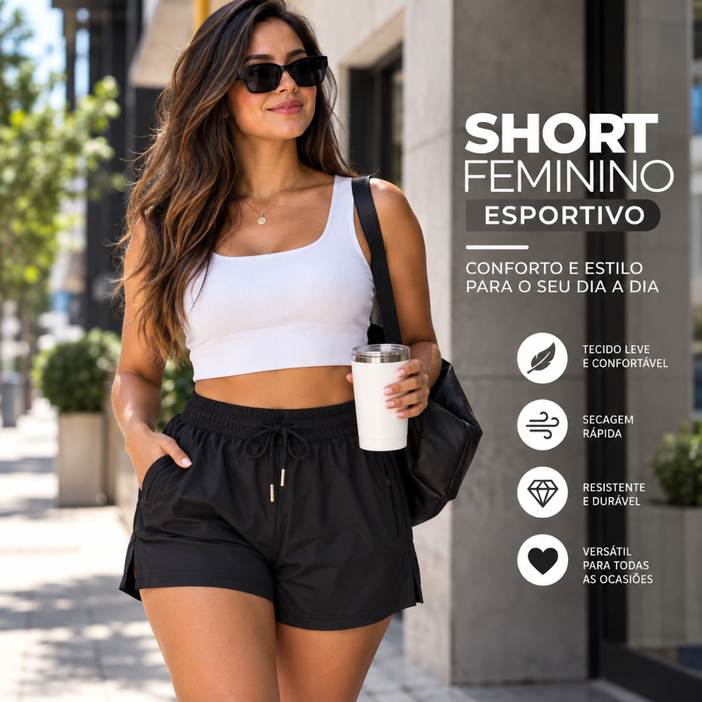Short Feminino Esportivo Academia Corrida Treino Fitness com Bolsos Zíper Cós Elástico Cordão Confortável Praia Casual
