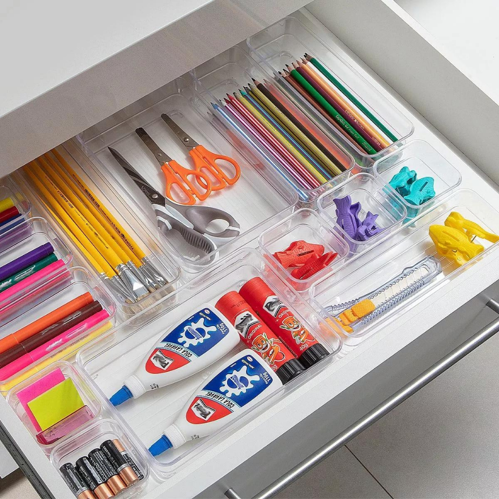 Kit 12 Organizadores de Gaveta Acrílico Multiuso Modular Transparente Cozinha Escritório Banheiro Maquiagem Armário OU