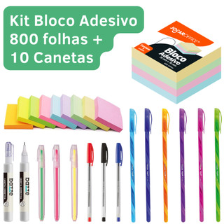 Kit Bloco Adesivo 800 Folhas Canetas Coloridas Marca Texto Ponta Fina Material Escolar Adesivo Fofo