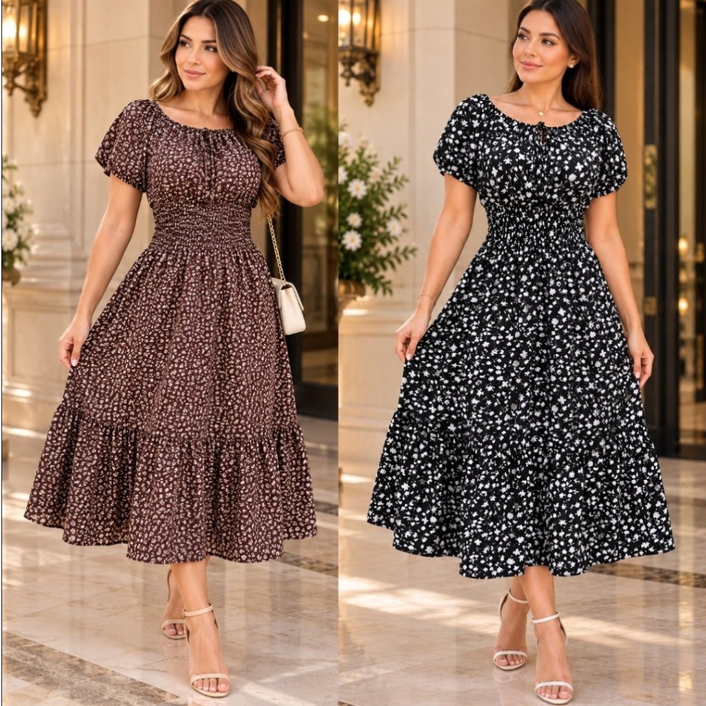 Vestido Mídi Floral Ciganinha CREPINHO Casual Manga Curta Tendência Moda Evangélica!!!