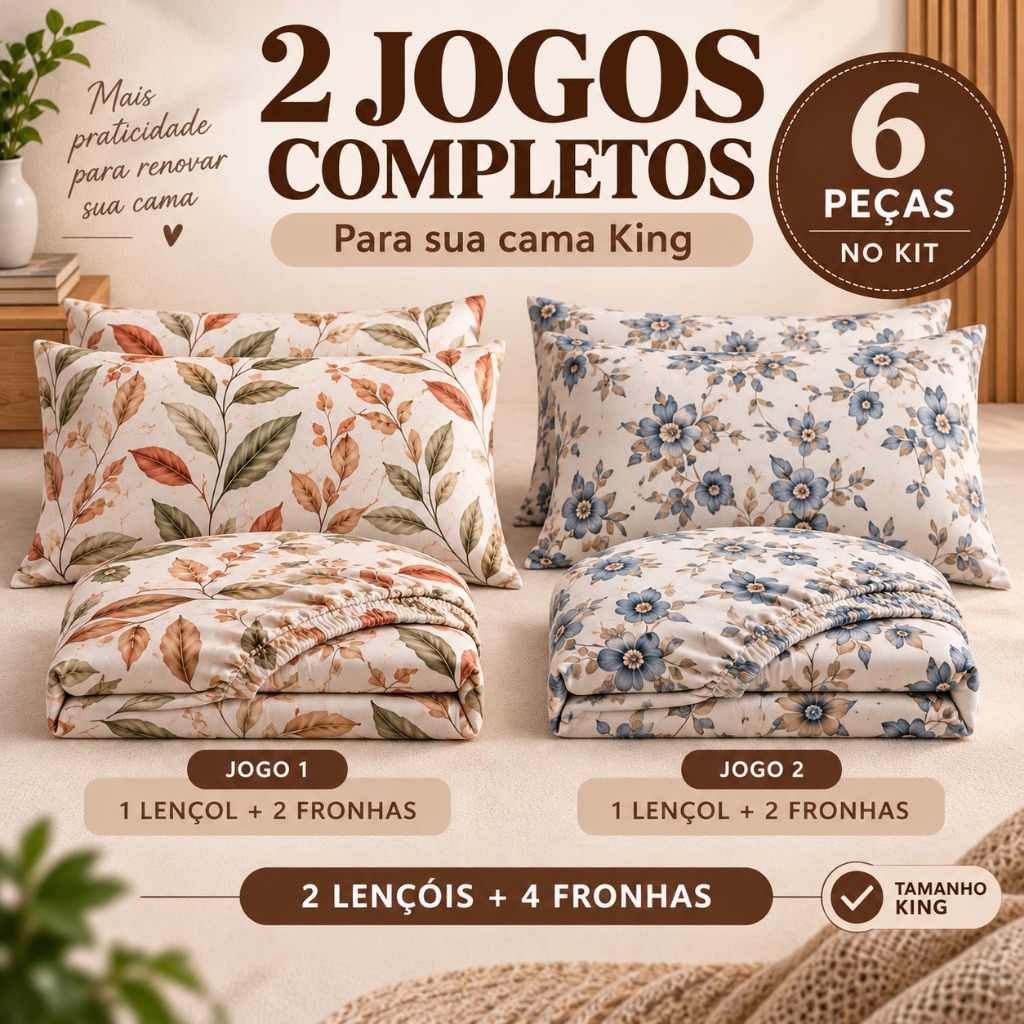 Kit 2 Jogos de Lençol King 6 Peças Estampado para Cama Box King com Elástico Jogo de Cama Completo