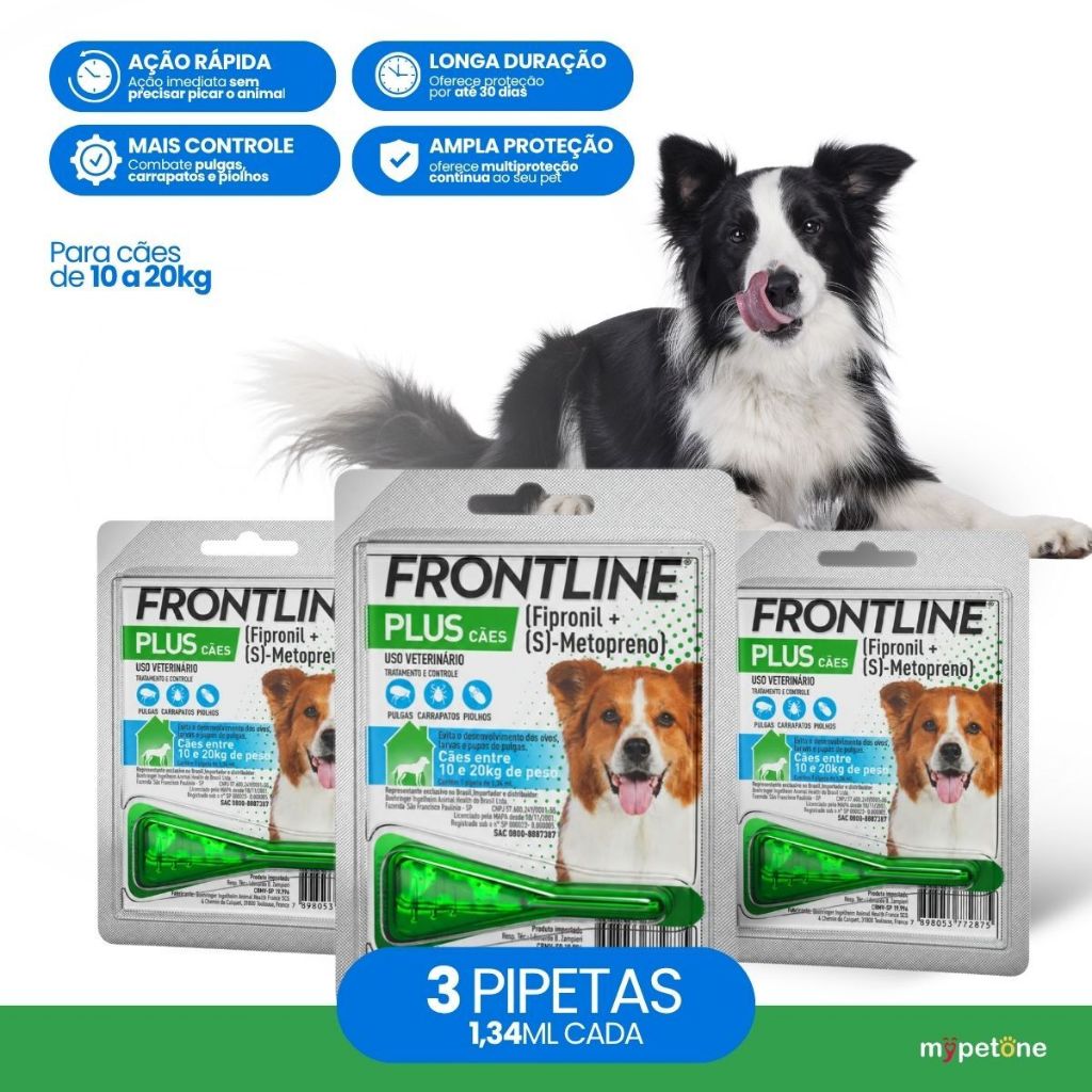 Kit 3 Antipulgas e Carrapatos Frontline Plus para Cães de 10 a 20 Kg - 1 Pipeta - 1,34 mL