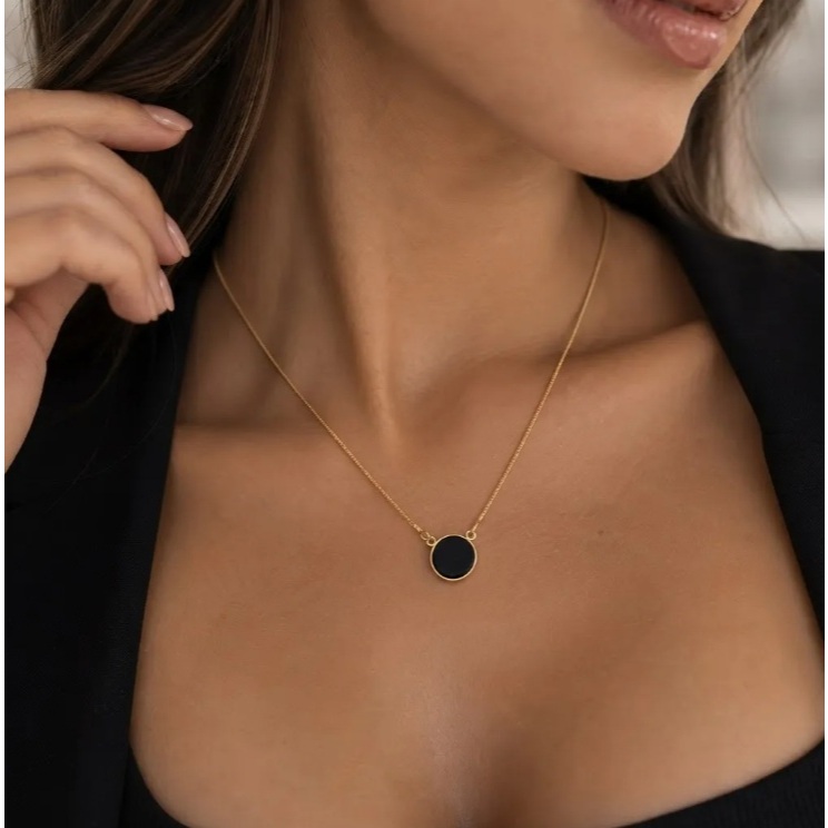 Colar Veneziana Onix Preto Banhado Ouro 18k Feminino