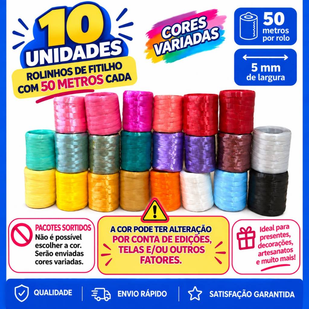 10 Rolos De Fitilhos Amarração presente 50m x 5 mm