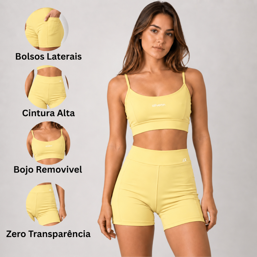 Conjunto Fitness Zero Transparencia Top Alça Alta Compressão + Short Bolso Lateral Cintura Altoa Minimalista Academia