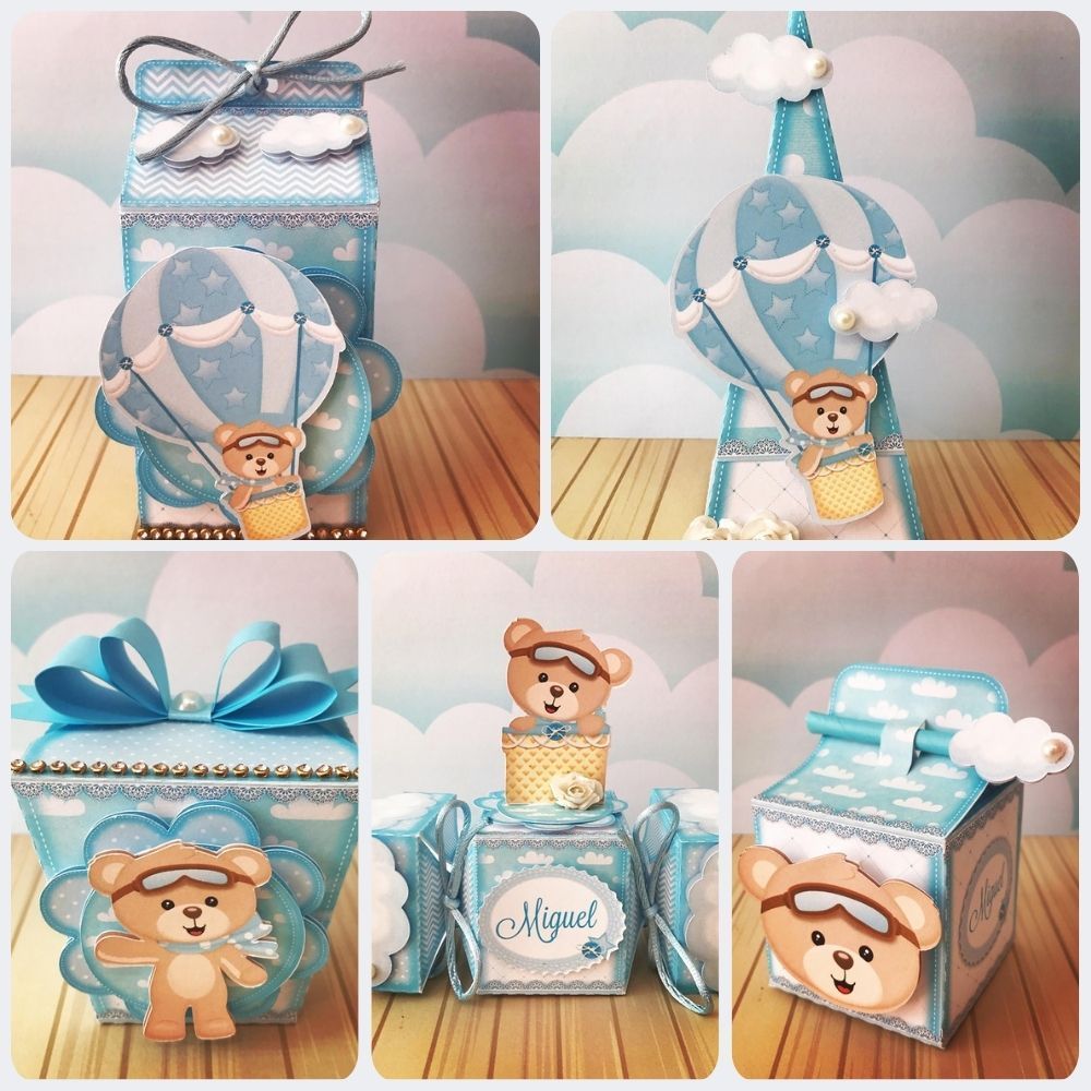 Kit Festa Lembrancinhas para Aniversário Infantil Caixinhas Decorativas Ursinho Baloeiro