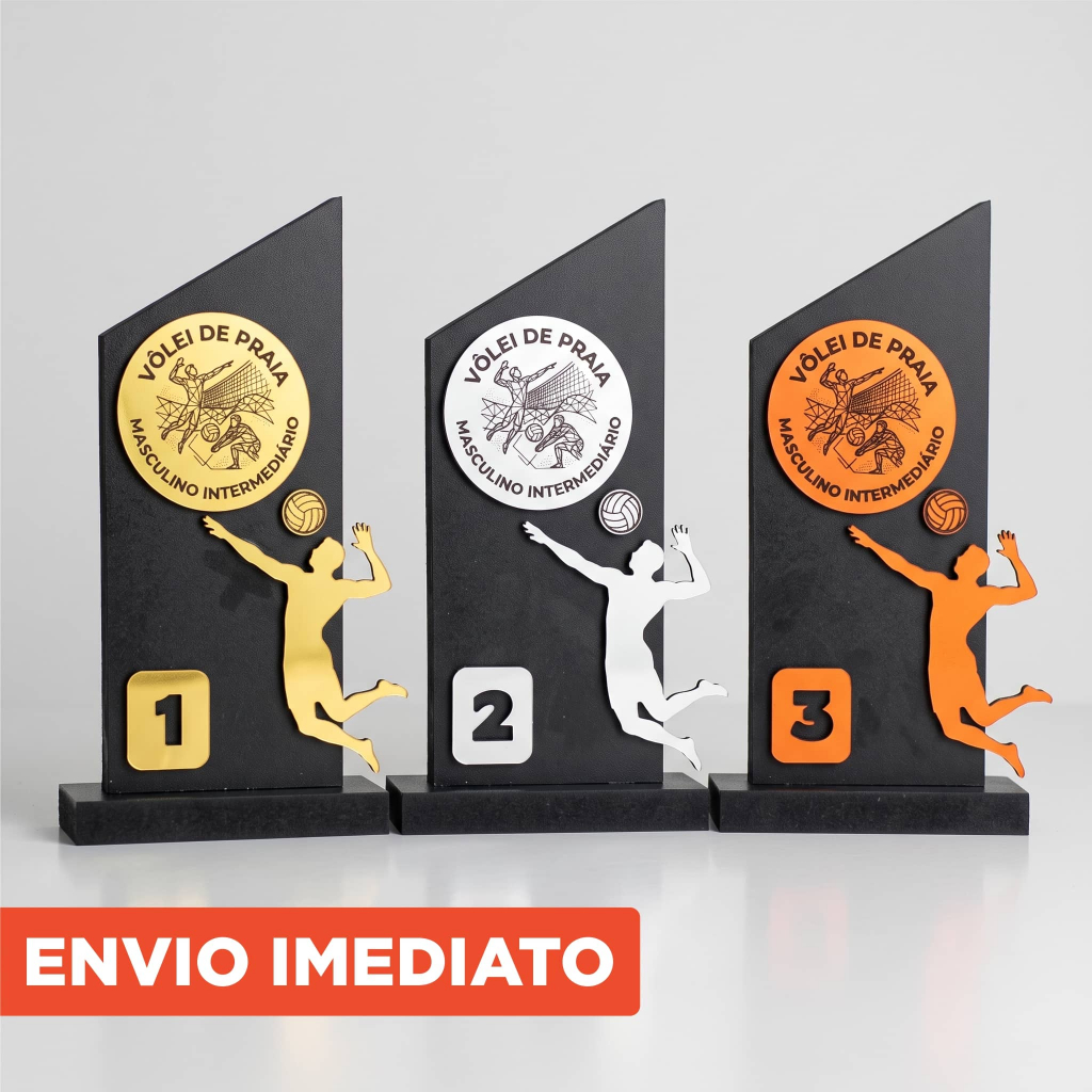 Troféu Vôlei de Praia (Kit com 1º 2º e 3º Lugares) 22.5cm de altura. MDF 15mm. Escolha a Categoria