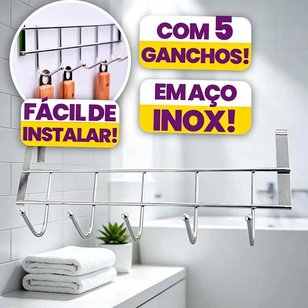 Suporte Cabide Com 5 Ganchos Encaixe Em Porta Organizador