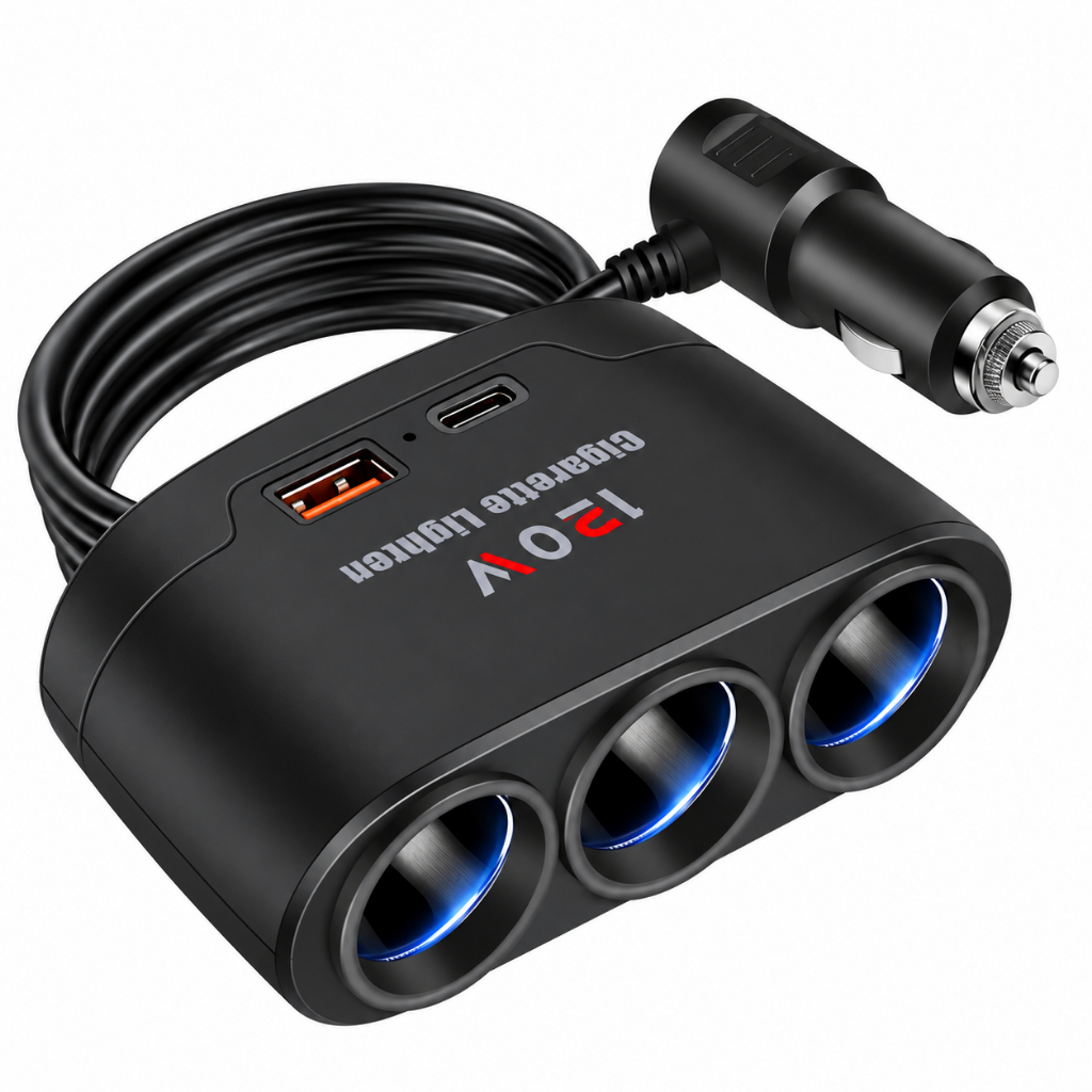 Adaptador De Carregador De Carro 12V 24V 3 Soquete Divisor De Isqueiro Duplo USB LED