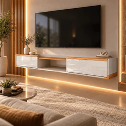 Rack Sala de Estar Para TV 75" Suspenso Atlas Movelove 2.20m MDF Off White New 2 Portas