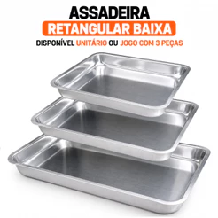 Assadeira Retangular Baixa para Bolos em Alumínio Reforçado | Nº1, Nº2 e Nº3 | Unitária ou Jogo 3 peças