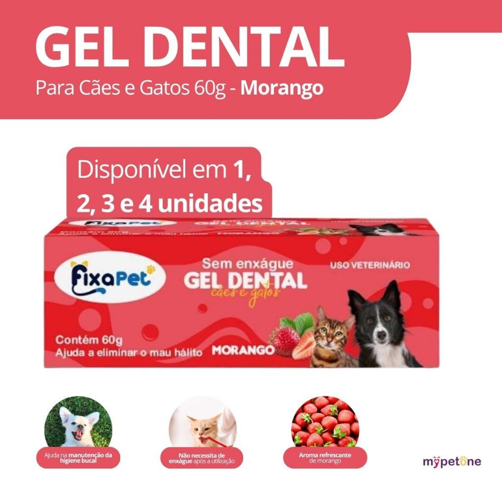 Gel Dental Morango 60g Gel Escovação Pet Para Cães e Gatos Sem Enxágue Fixa Pet 1,2,3 ou 4 Unidades