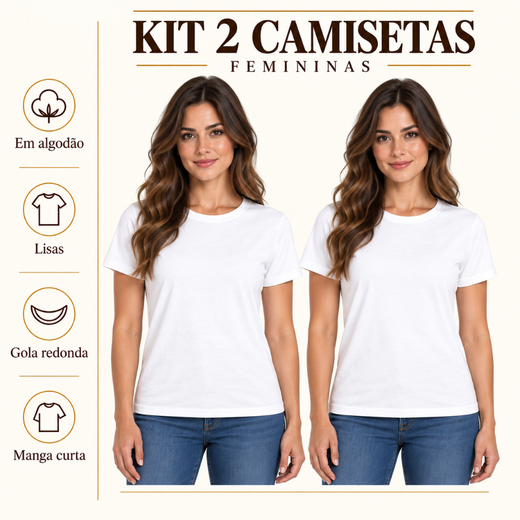 Kit 2 Camisetas Femininas Lisa 100% Algodão Casual Básica Manga Curta Diversas Cores