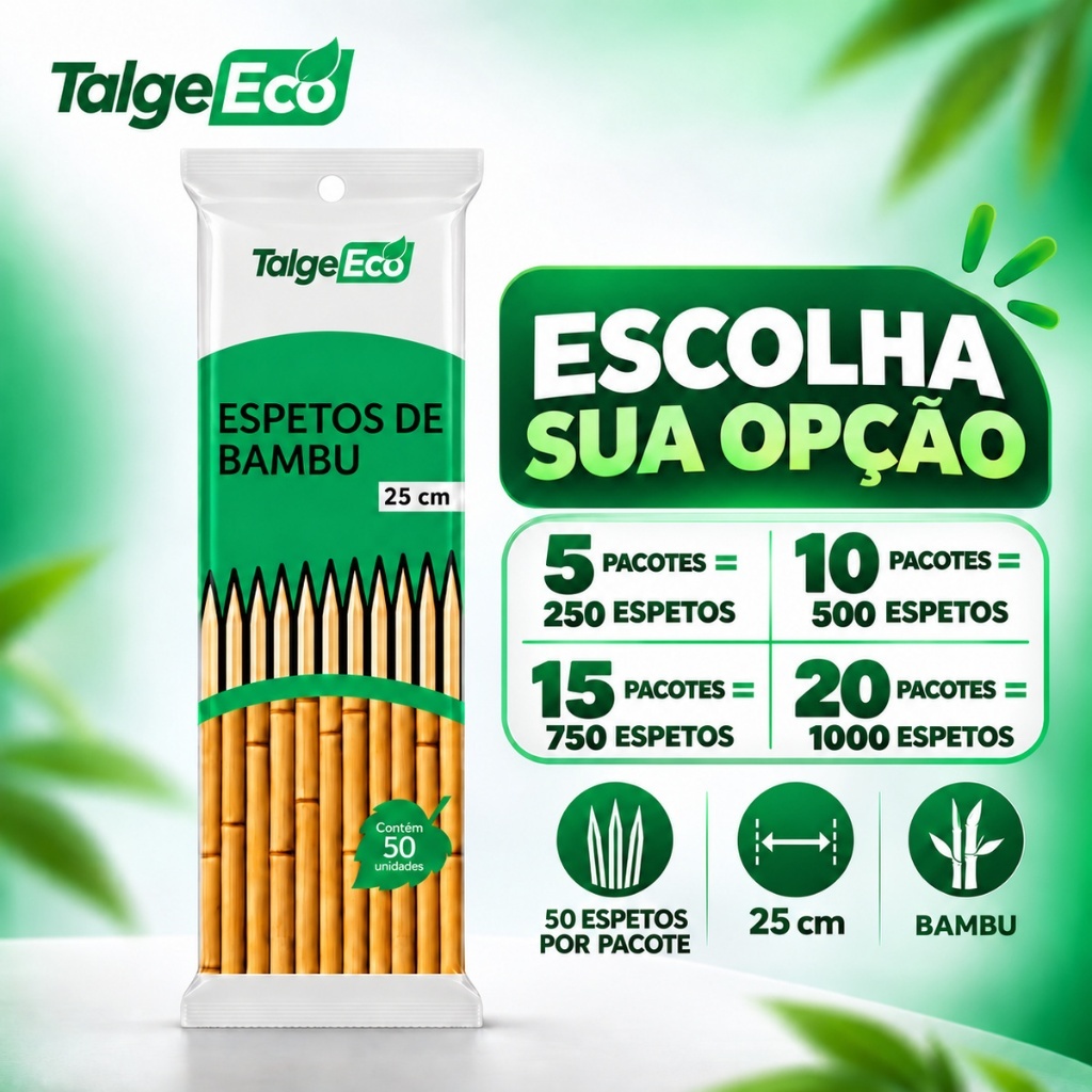 Espetos De Bambu Para Churrasco 25cm (Pacote com 50 Unidades) Talge Eco Petiscos Frutas Espetinhos Churrasquinho