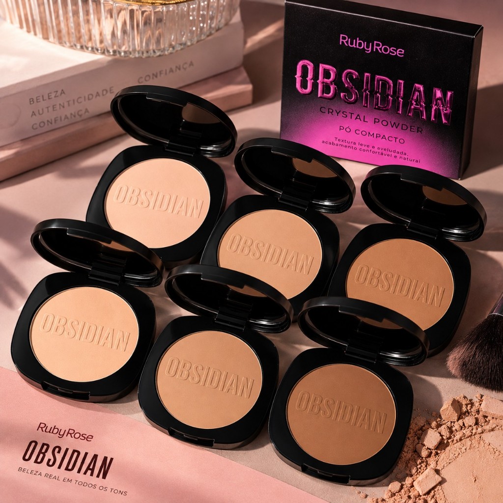 Pó Compacto Ruby Rose Obsidian Crystal Powder Facial Matte Acabamento Natural Longa Duração