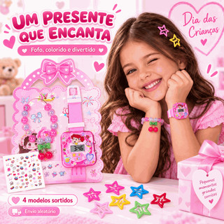 Relógio Infantil Digital + Pulseira + 10 Tic Tacs Estrela + Mini Adesivos Presente Lembrancinha Dia das Crianças Menina