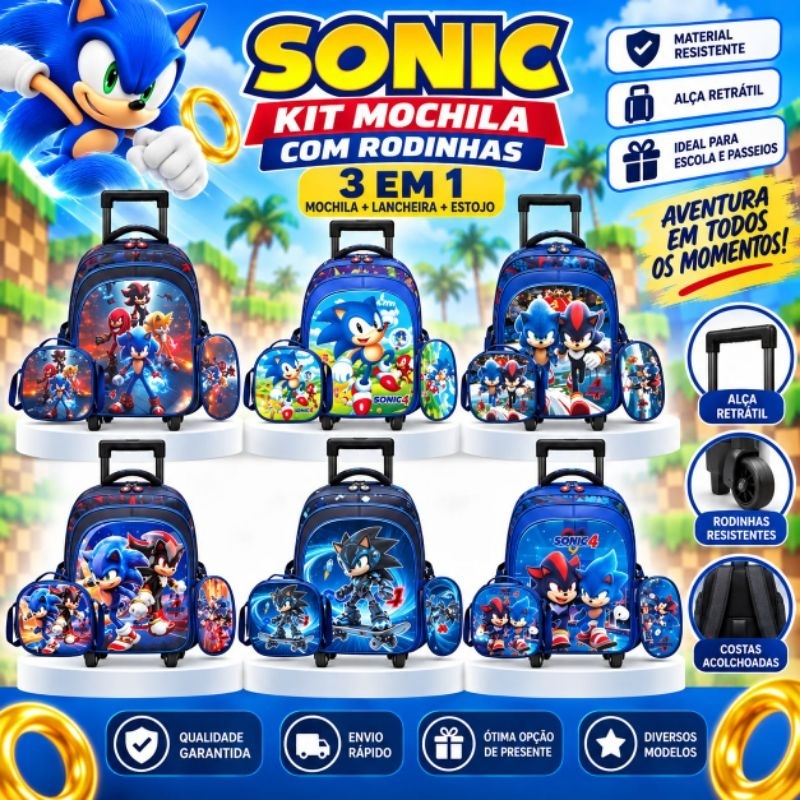 Kit Mochila Carrinho Rodinha 3 Peças Lancheira térmica + Estojo Escolar Infantil Sonic Menino
