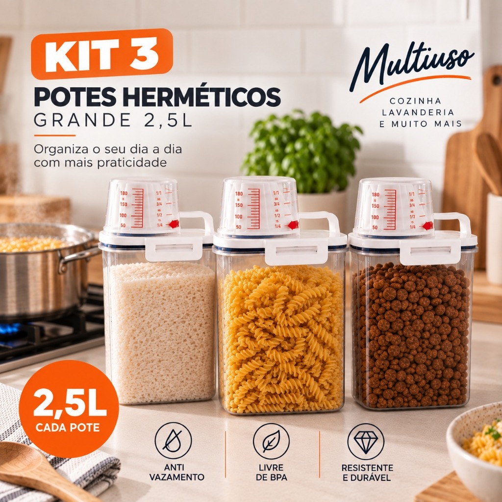 Kit 3 Potes Herméticos Grande 2,5L Porta Alimentos Anti Vazamento Multiuso Cozinha Lavanderia