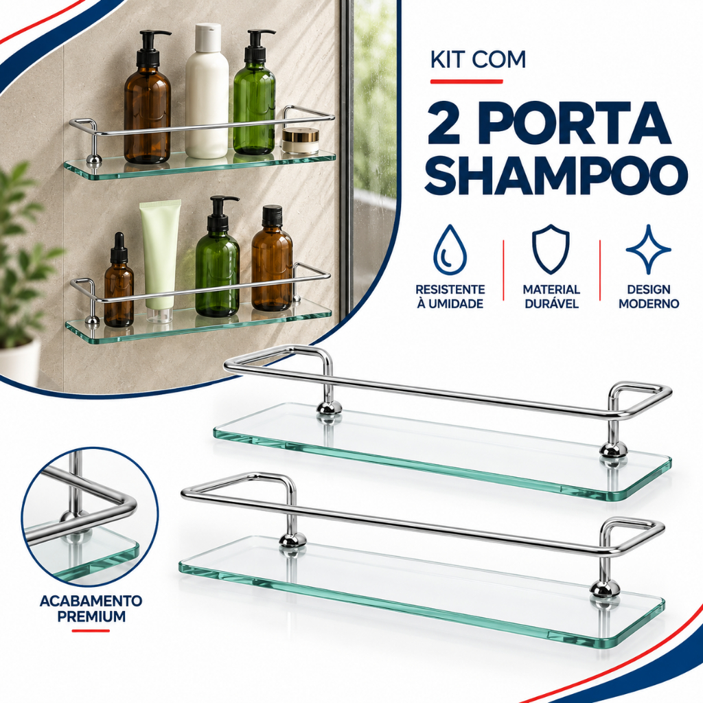 Kit 2 Porta Shampoo de Vidro 30cm 6mm com Haste Suporte Reto para Banheiro