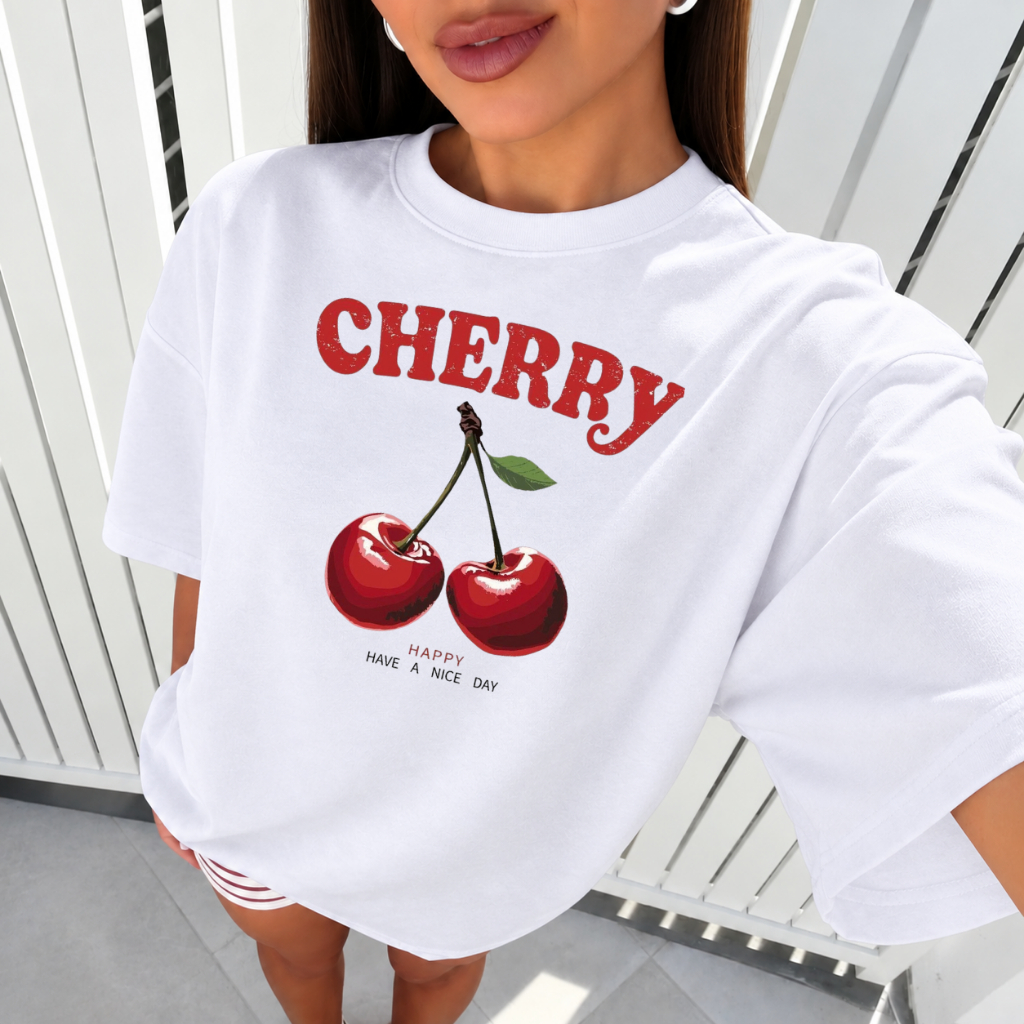 Camiseta Feminina Cherry Cereja Estampada T-Shirt Casual Moda Tendência Confortável 100% ALGODÃO