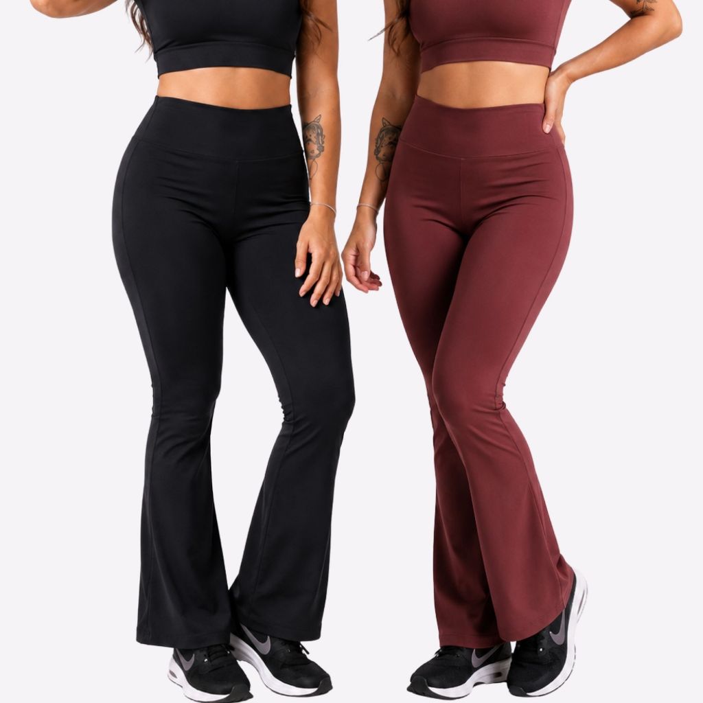 Kit com 2 Calças Flare Bailarina Feminina Alta Compressão Academia E Fitness Zero Transparência