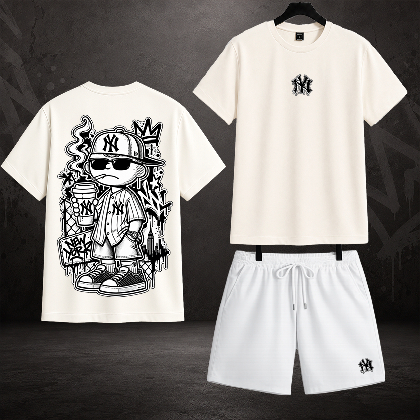 Conjunto Camiseta Masculina Algodão 30.1 e Short Tactel com Elastano Conjunto Streetwear New York graffiti Estilo Urban