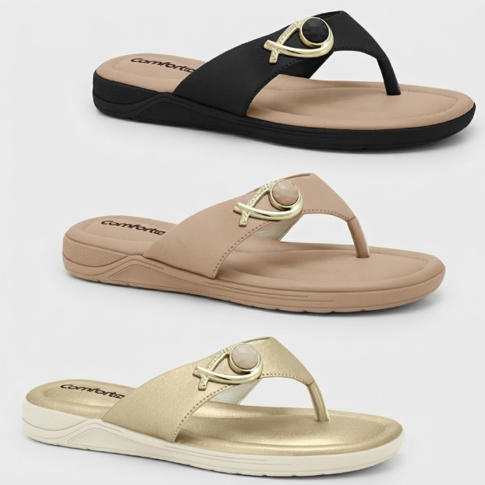 Chinelo Feminino Comfortflex Detalhe Dourado Conforto