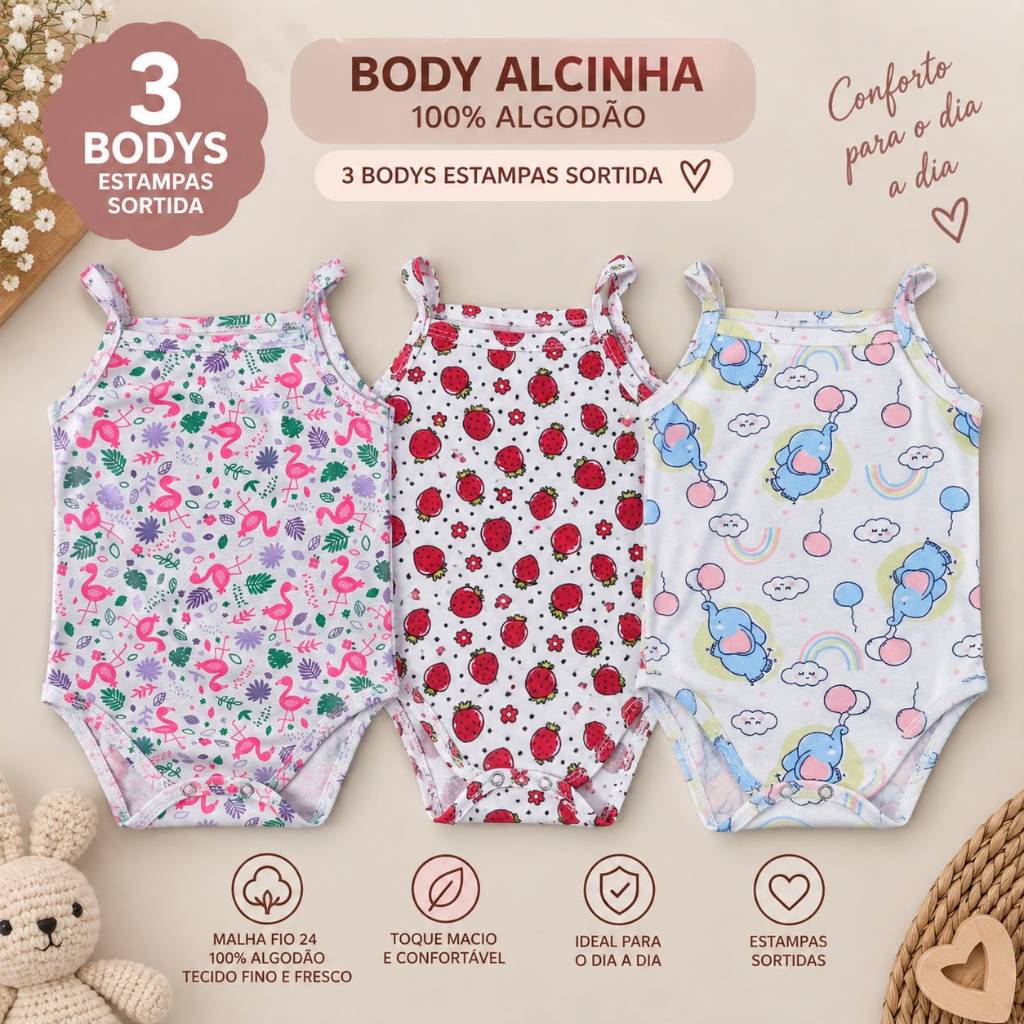 Kit 3 Body Bebe Menina Alcinha Verão Regatinha Fresco 100% Algodão Estampas Sortidas Blusa Criança 0 a 12 Meses