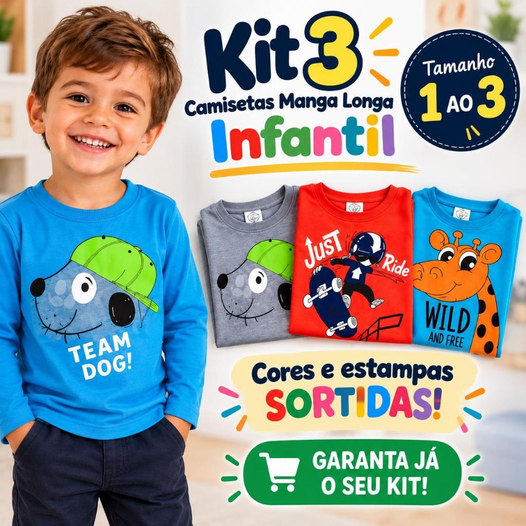 Kit 3 Camisetas Infantil Masculino Manga Longa Estampas Sortidas Tamanhos 1-2-3 Menino Dia a Dia