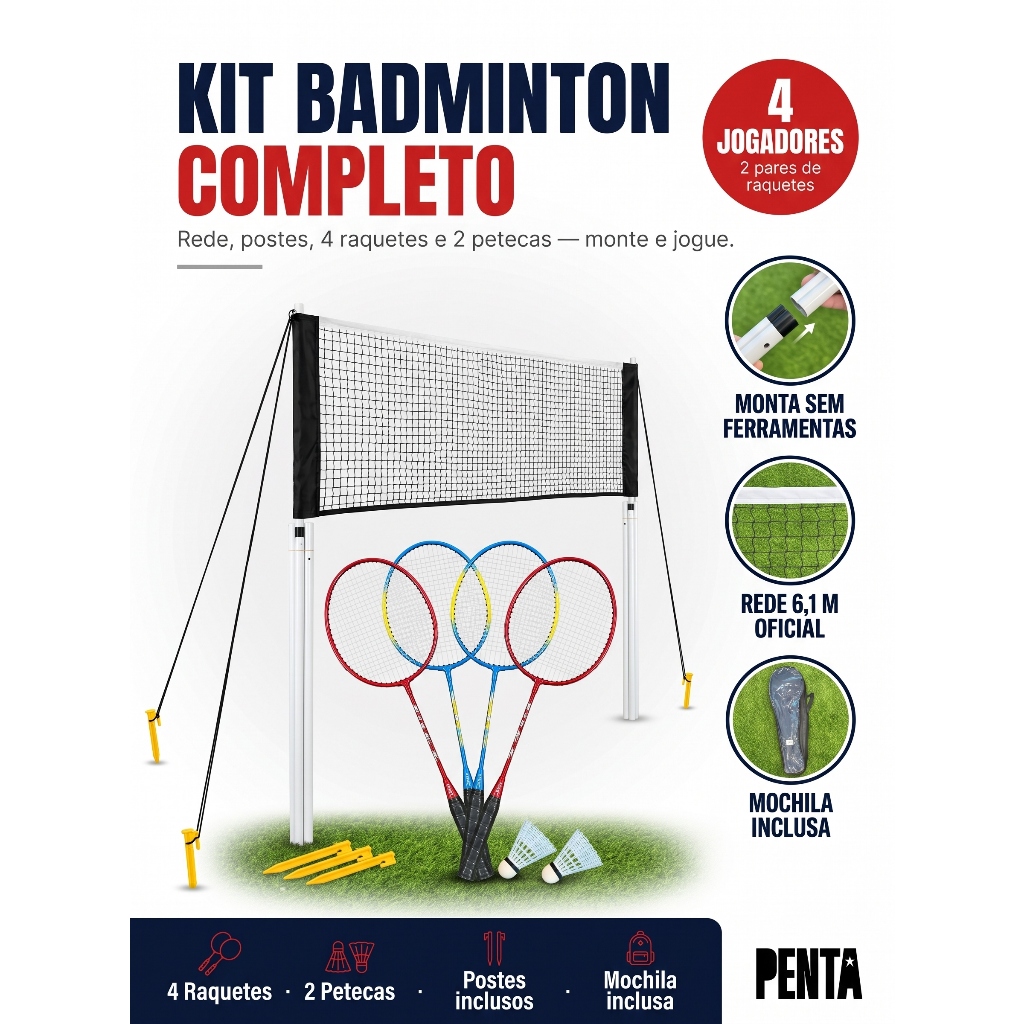Kit Badminton completo 4 Raquetes 2 Petecas com Rede Profissional Aluminio