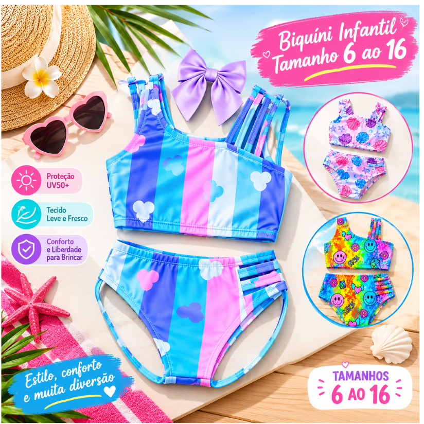 Biquíni Infantil Juvenil Colorido NOVO Menina | Roupa de Praia Kids | Estampa Conchas | Envio Rápido 6 a 16