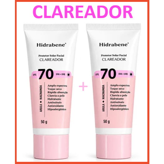 Hidrabene 2 Protetor Solar Facial Clareador FPS 70 Toque Seco Antissinais Clareia a pele 50g