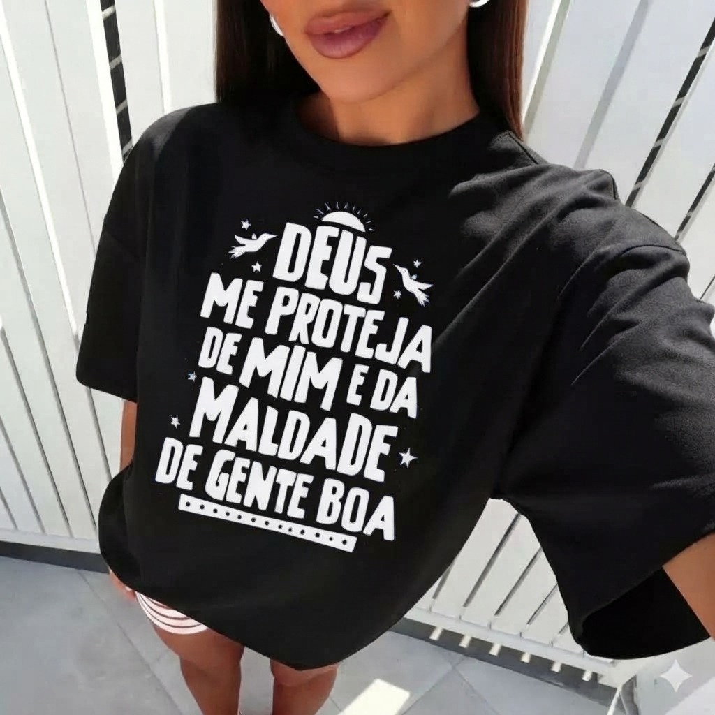 Blusa feminina estilosa camiseta T-shirt 100%algodão feminina confortável Frase Deus me proteja