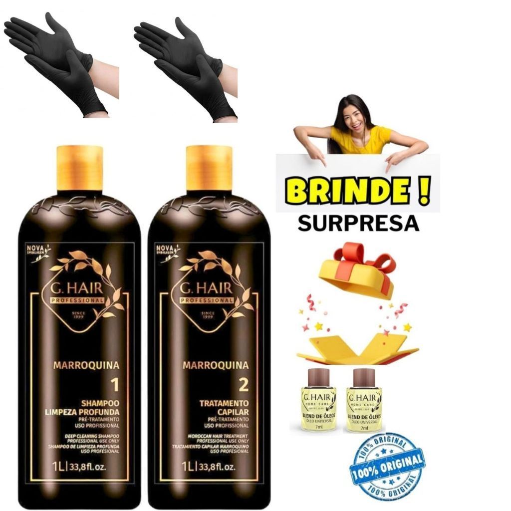 G.Hair - Escova Progressiva Salão Marroquina 2 Passos 2unid. 1L + 4 LUVAS + 2 OLEOS