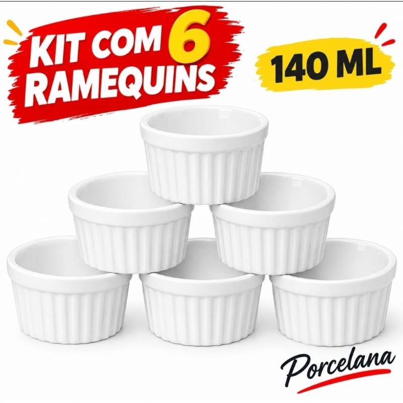 Kit 6 Ramequins de Porcelana 140ml para Molhos, Sobremesas, Suflês e Patês