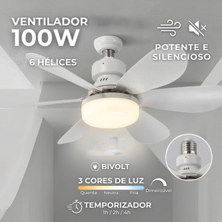 Ventilador 100w 6 Hélices com Lâmpada de Teto E27 Silencioso Potente Bivolt 3 Cores de luz com temporizador Dimerizador