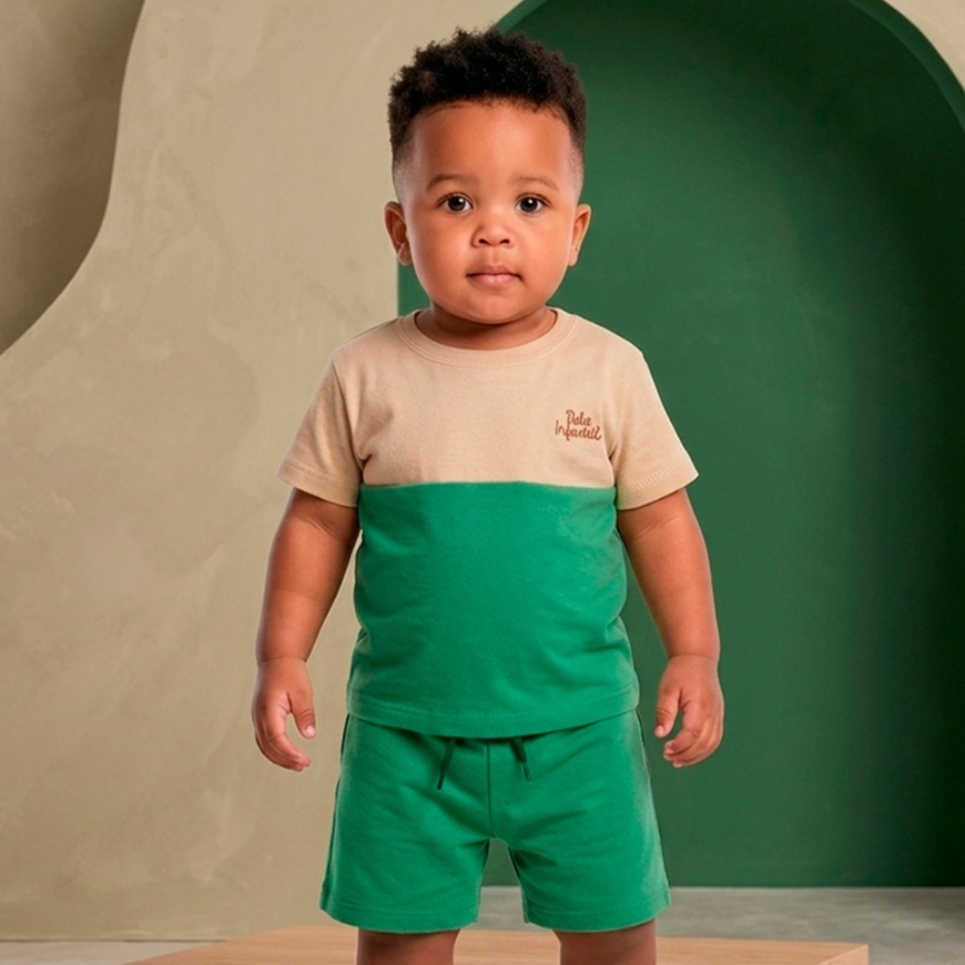 Conjunto Bebê Masculino Curto Estampa com Recorte Canela e Verde Cana